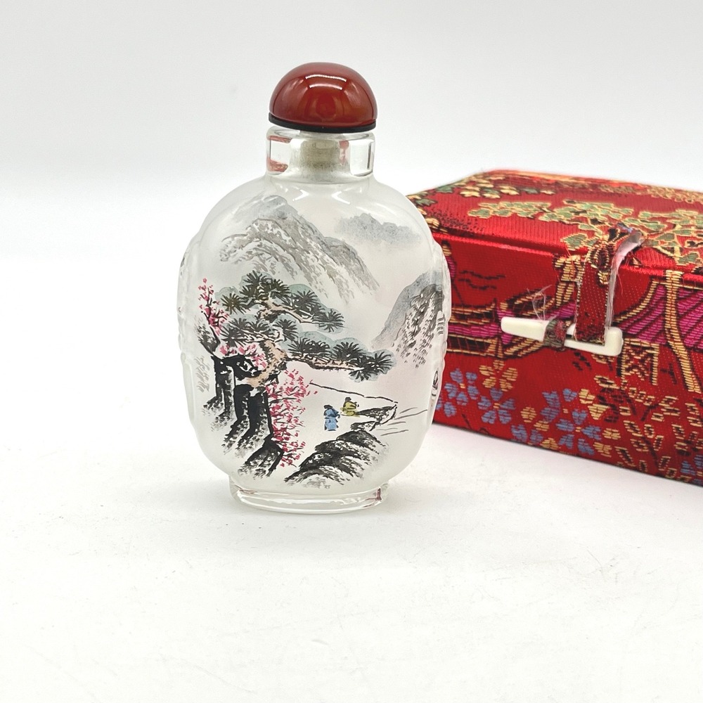 Chinese Inside‎ Painted Glass Snuff Bottle Mountain Landscape with Brocade Box